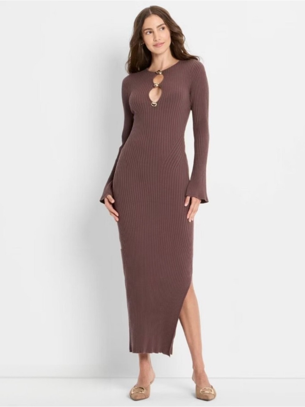 Ribbed Maxi Dress with Keyhole Ring Detail - Brown